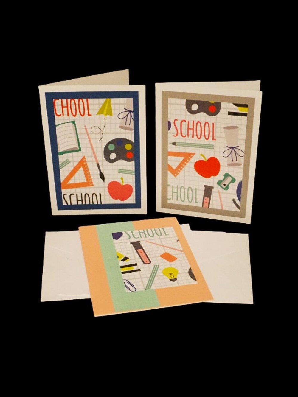 3 School Theme Handmade Note Cards Solid Cardstock Accents Blue Gray Peach Sage